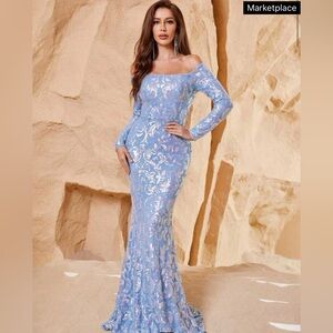 Off Shoulder Mermaid Hem Sequin Formal Dress